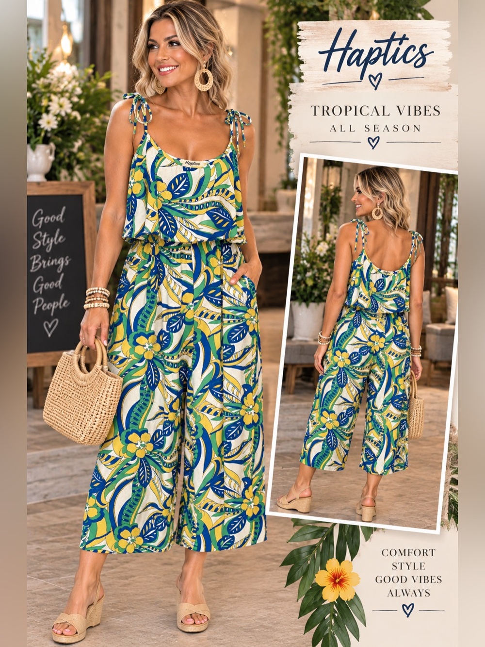 Haptics Tropical Tie-Shoulder Floral Jumpsuit in Blue & Yellow